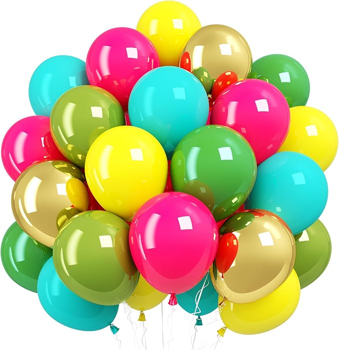 Tropical Balloons Kit,12 Inch Hawaiian Balloons Hot Pink Orange Teal Green Metallic Gold Latex Colorful Balloon for Baby Shower Summer Birthday Party Decorations