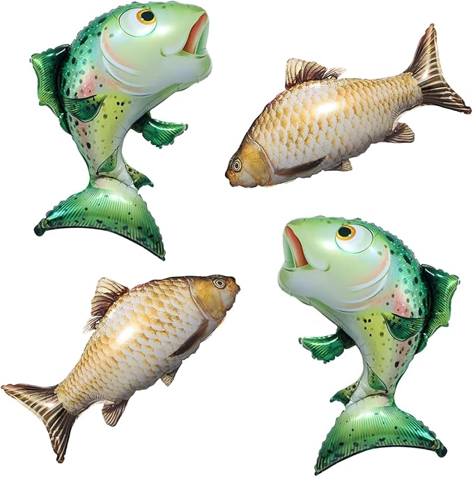 Realistic Fish Foil Balloons 4 Pack for Fishing Party Decorations - Gone Fishing Themed Birthday Supplies, Ocean Under the Sea Party Balloons, O-fish-ally One Decor (Tuna & Classic)