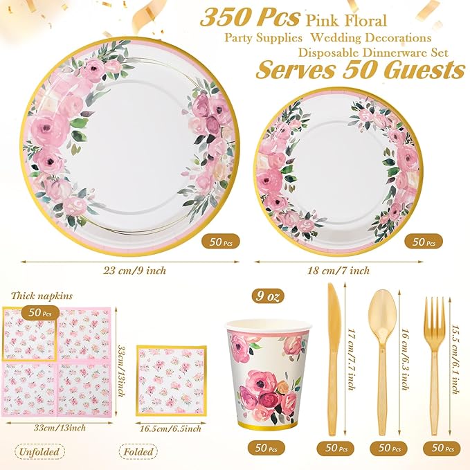 350 Pcs Floral Party Supplies Tableware Set Disposable 9'' 7'' Paper Plates 9 oz Cups Cutlery Napkins Dinnerware for Baby Shower Bridal Wedding 1st Birthday, Serve 50 (Floral, Rose Gold)