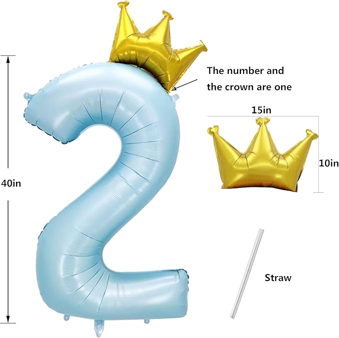 Giant Pale Blue 2 Number Crown Balloons 40 Inch Light Blue 2 Mylar Helium Large Crown Digital Balloon Baby Blue Birthday Numbers Balloons 2nd Birthday Kids Theme Party Decoration Supplies