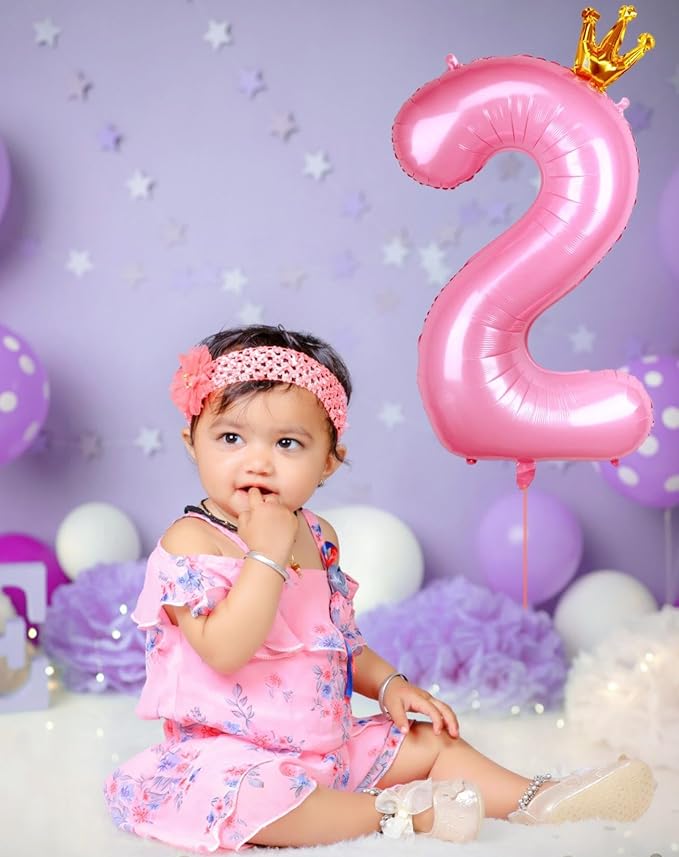 40 Inch Crown Pink Number 2 Balloon, Big Conjoined Baby Pink Foil Mylar Helium 2 Balloon for Girls 2nd Birthday Party Decorations Princess Theme Party Supplies Favors Anniversary Decor