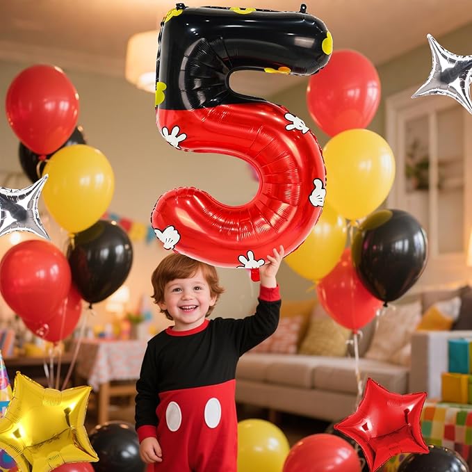 YIIHMEI Cartoon Mouse Balloons Birthday Decorations Party Supplies Boy Red And Black Foil Balloon Banner 40inch Number 5