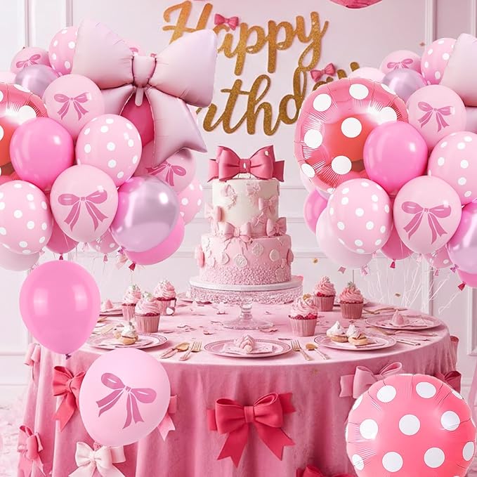 Pink Bow Balloons, 12 Inch Mouse Balloon with Hot Pink Rose Polka Dots Bow Foil Balloon Print Latex Balloons for Mouse Theme Bow's Birthday Party Decoration