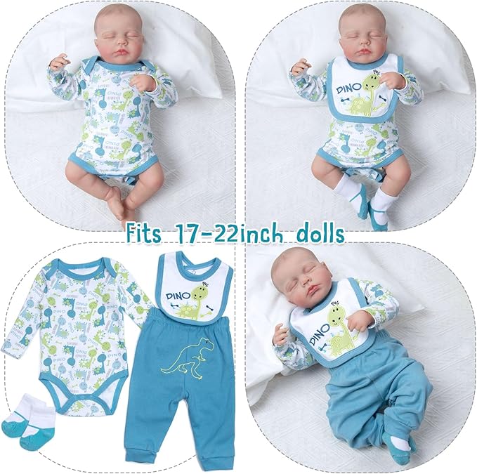 Reborn Baby Doll Clothes 12 Pcs Dinosaur Outfits Accessories for 17-22 Inch Babydolls Reborn Baby Boy Accessories Doll Bassinet Soft Crib Bed with Diaper Bottle Pacifier
