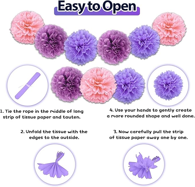 Purple Pink Birthday Decorations,Princess Party Decorations for Women Girls with Pink Purple Balloons Happy Birthday Banner Fringe Curtain Tissue Pompoms Star Garland