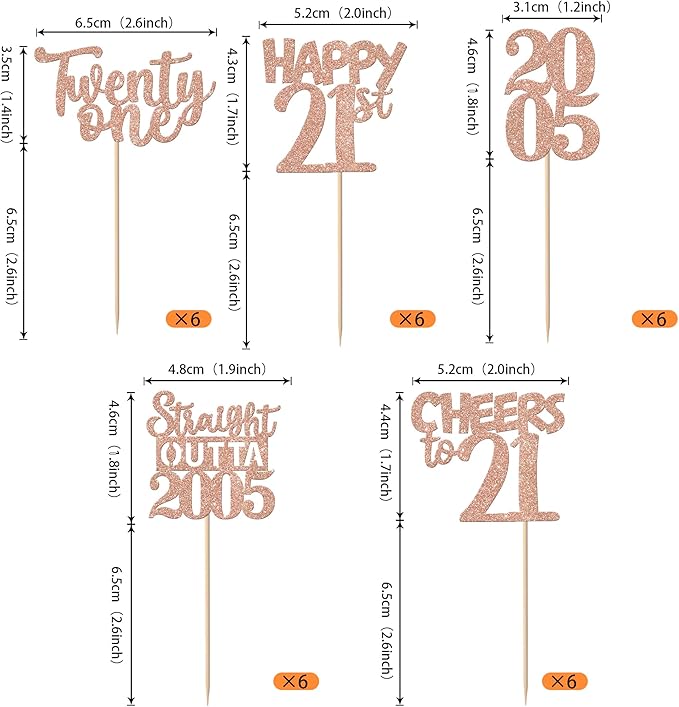 30PCS 21st Birthday Cupcake Toppers Glitter Twenty One Happy 21 Straight Outta 2005 Cupcake Picks for Cheers to 21 Years 21st Birthday Anniversary Party Decorations Supplies Rose Gold