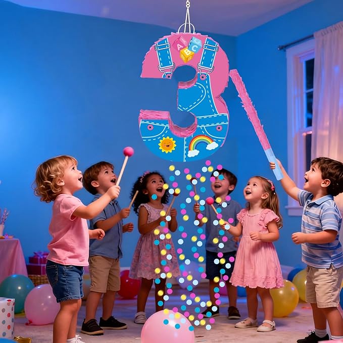 Pink Party Decorations,15.7‘’ Pink Number 3 Pinata with Stick Blindfold Confetti for Girls Boys 3rd Anniversary Party Decorations & Supplies (3rd)