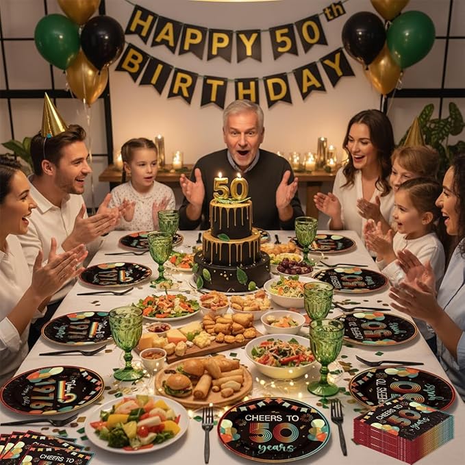 96Pcs Vintage 50th Birthday Decorations Tableware Set Back in 1976 Paper Plates Napkins Forks Cheers to 50 Years Disposable Tableware Decor for Women Men 50th Birthday Party Favor Serve 24 Guests