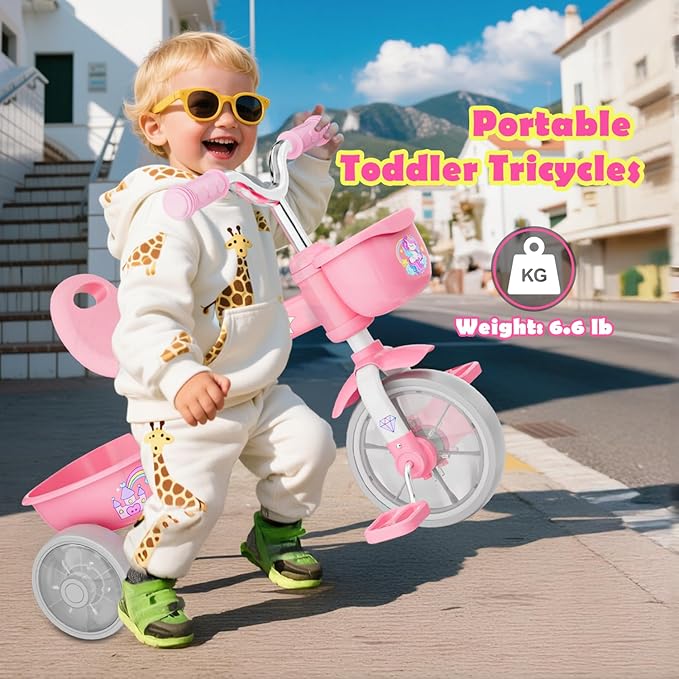 Tricycle for Toddlers 1-3 3-5 Year Olds, Unicorn Toddler Bike Baby Balance Bike with Colorful Lighting Wheels & Large Basket, Birthday Gift and Toy for 1 2 3 4 5 Year Olds Girls