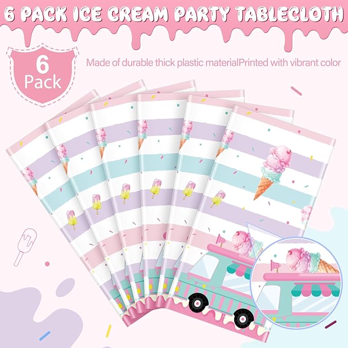 6 Pack Ice Cream Truck Tablecloth Party Decorations, Ice Cream Birthday Plastic Table Cloth Party Supplies, Disposable Rectangle Table Cover for Kids Sweet One Birthday Baby Shower, 54 x 108 Inch