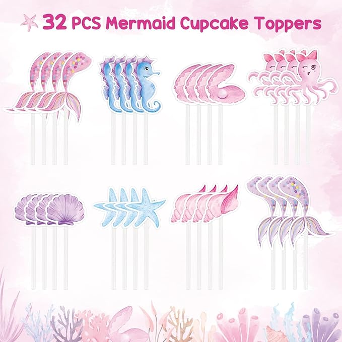 WERNNSAI 32PCS Mermaid Cupcake Toppers - Glitter Mermaid Birthday Decorations Under the Sea Cake Toppers Birthday Party Cake Decorations for Girls Kids Baby Shower
