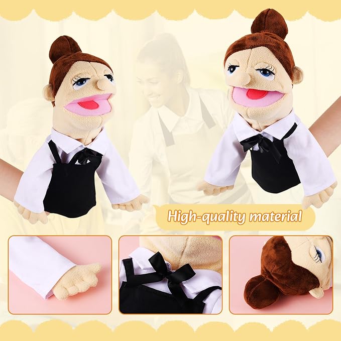 Role Play Hand Puppets Hand Plush Chef Doctor Fireman Pirate Detective Athlete Nurse Worker Hand Puppet Toys Puppets for Kids Storytelling Imaginative Pretend Play Teaching Preschool(Waiter)