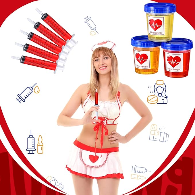 46 Pcs Nursing Graduation Party Supplies Set Plastic Syringe Urine Sample Cups with Lids Sticky Label for Nurse Congrats Grad Favors Bsn Rn Lpn Party Decorations