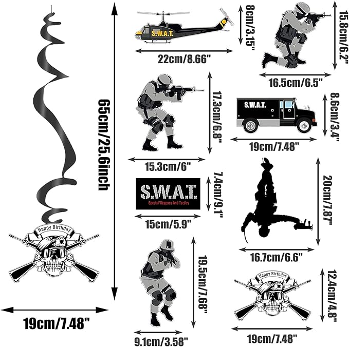 SWAT Theme Hanging Swirl Birthday Party Decors Special Forces Party Dizzy Danglers Military Ceiling Streamers Party Supplies for Adults Pretend Play Role Play Party Birthday