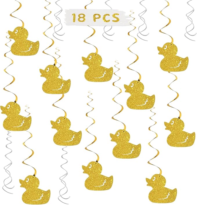 Duck Hanging Swirls, Farm Themed Party Swirls Supplies, Kids Birthday Baby Shower Yellow Duck Party Foil Ceiling Decoration Supplies 18 PCS Gold Glitter