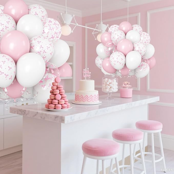 Pink Bow Balloons Light Pink and White Balloon 12inch Clear Bow Balloons Coquette Girls Birthday Party Decorations Latex Helium Balloon for Arch Bridal Shower Bachelorette Weddiing Decor