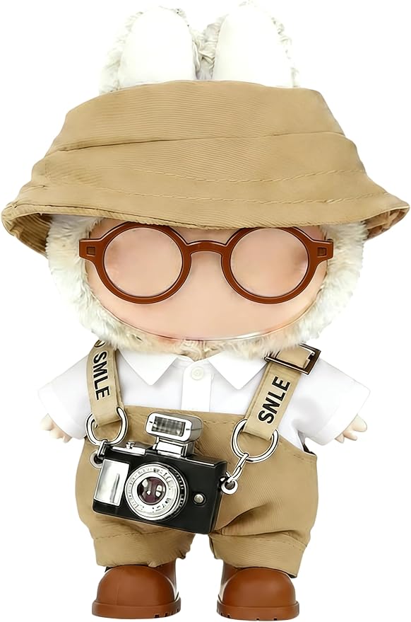 17cm Doll Clothes Set, Hat & Overalls & Shirt & Shoes & Glasses & Camera Set for 17cm Accessories Suit, Stylish Dolls Clothes Accessories, Cute Clothes for Dress up Unique Style (Brown)