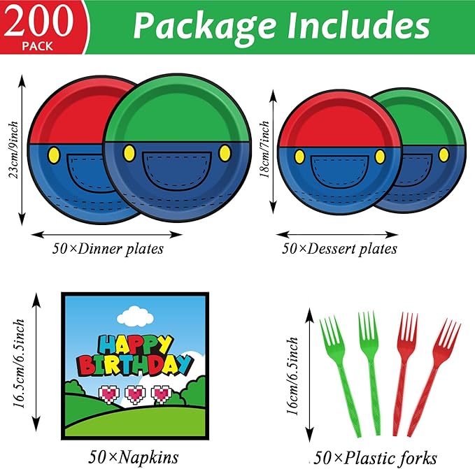 200pcs Super Brother Birthday Party Supplies Super Brother Plates Disposable Paper Tableware Super Bro Plates Napkins with Fork Super Bro Decoration Super Video Games Tableware for Kids Baby Shower