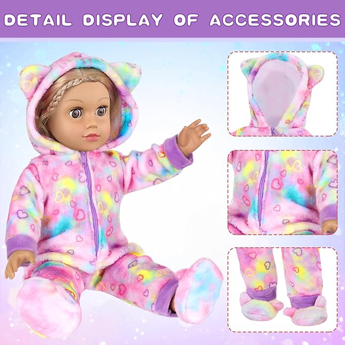 American 18" Doll Clothes and Sleep Bag Accessories,Sleepover Outfit Set Fits 18 Inch Dolls Include Rainbow Costume,Unicorn Style Pillow,Eye Mask,Shoes,Animal Toy Gifts for Girls (No Doll)