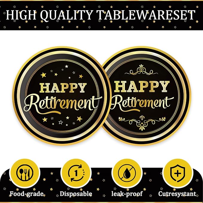 41pcs Retirement Party Supplies ,include 20pcs 7inch Dessert plate, 20 Napkin and 1pcs Tablecloth,Used for Black Gold Retirement Party Decoration