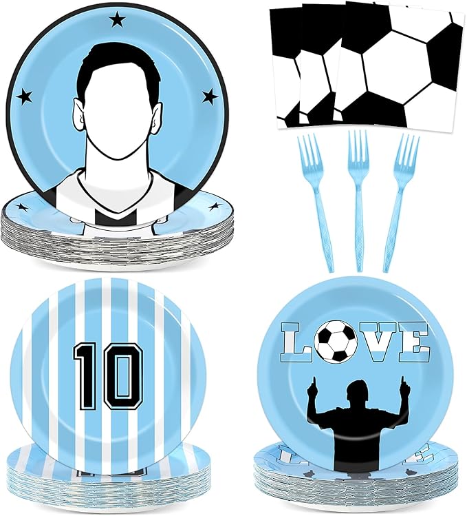 96Pcs Soccer Paper Plates and Napkins Soccer Star Disposable Tableware Set Blue and White Sports Ball Plates Set Sport Party Dinnerware Decorations for Birthday Baby Shower Party Decorations Supplies