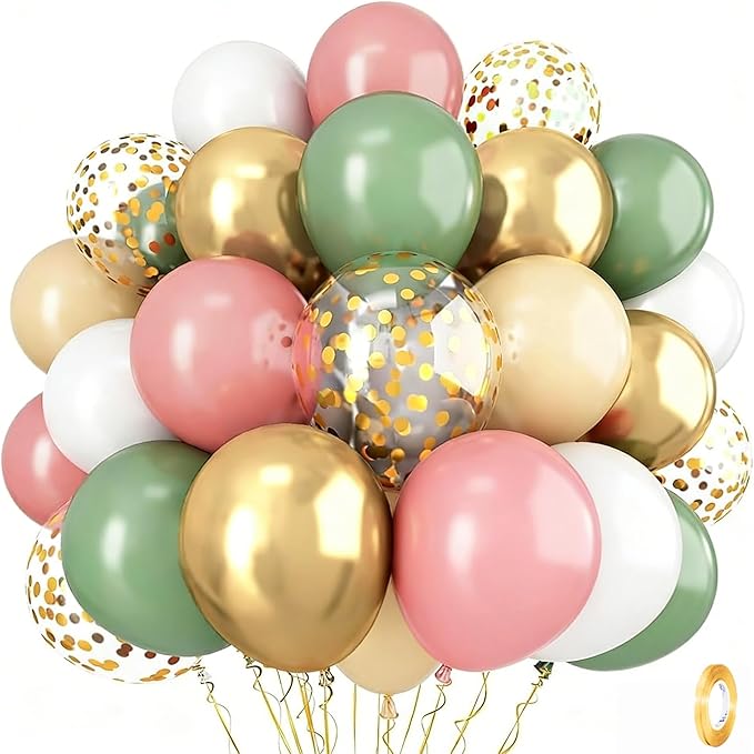 Sage Green and Dusty Pink Balloons, Retro Pink Muted Green White Gold Baby in Bloom Balloons for Girls Women Floral Fairy Wildflower Camping Birthday Woodland Baby Shower Garden Tea Party Decorations