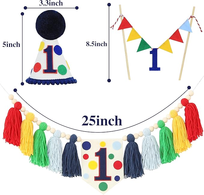Colourful Rainbow Dot 1st High Chair Banner Conical Cap Primary Colors Cake Topper for Boys Girls Birthday Party Decorations