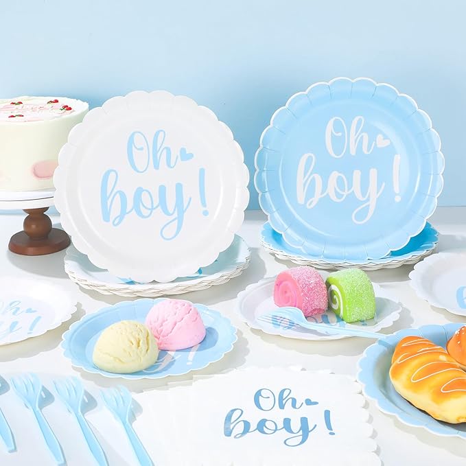 96PCS Oh Boy Baby Shower Decorations Blue Foil Scalloped Paper Plates Napkins Oh Boy Tableware Party Supplies Blue Baby Shower Dinnerware for Gender Reveal Birthday Welcome Party Favors