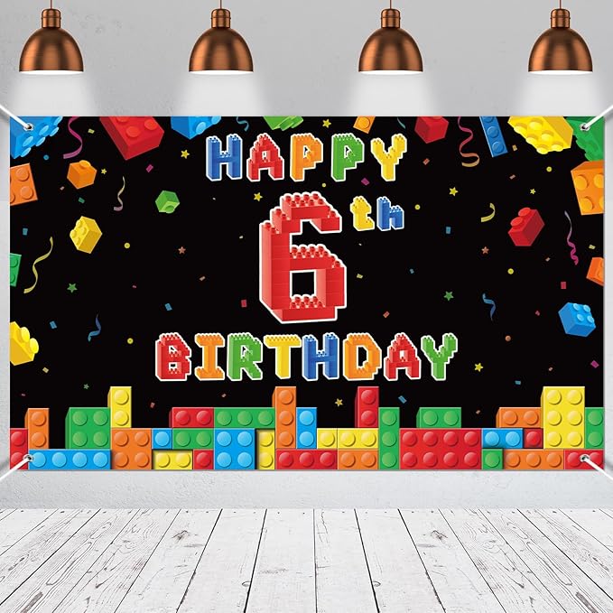 Panelee Building Block Birthday Banner Building Blocks Party Backdrop Decoration Happy Birthday Banner Photography Background for Party, 72.8 x 43.3 Inch(Black,6th)