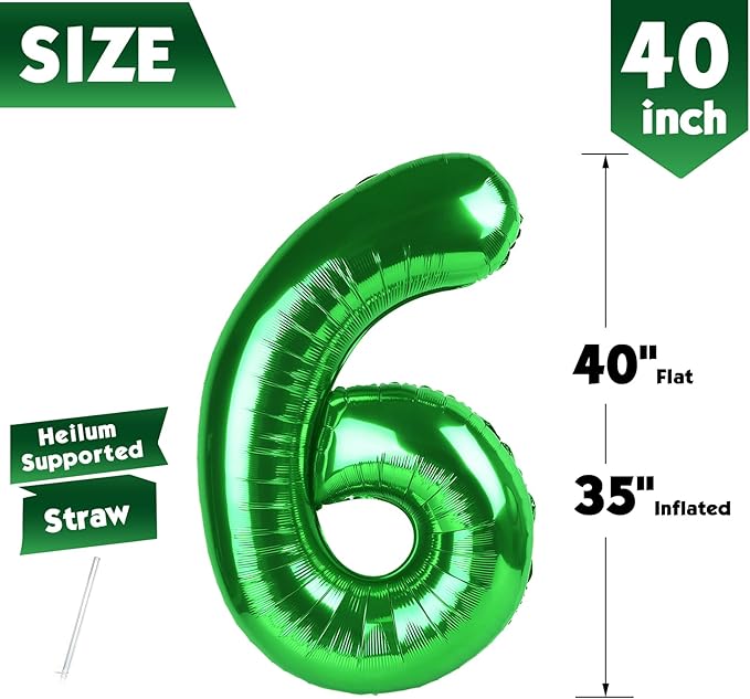 40 Inch Dark Green Number 6 Balloon, Giant 6 Number Balloons for 6th Birthday Decorations, Party Supplies for Baby Boy Girl, Dark Green Party Decor