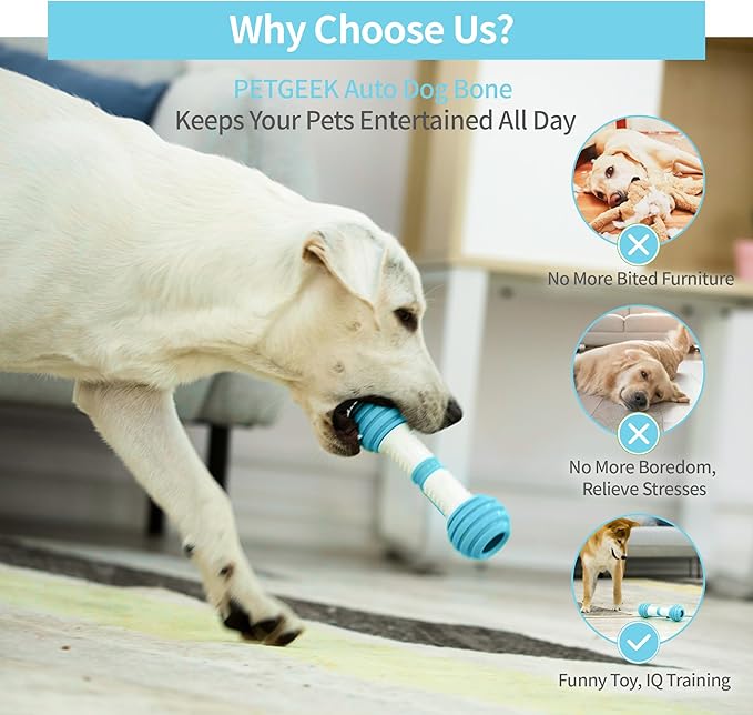 PETGEEK Interactive Dog Bone Toy, Automatic Dog Chase Toy, Electronic Pet Toys for Medium/Large Dog Boredom, USB Rechargeable Safe Material, Blue Color