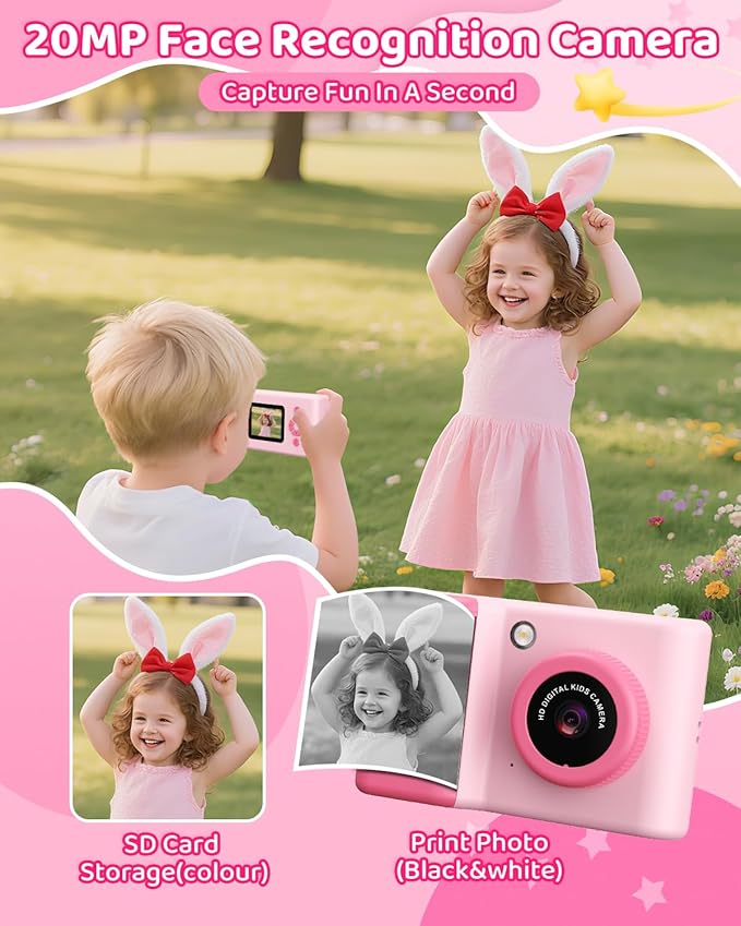 Kids Camera Instant Print, 20MP 1080P Video Instant Print Camera for Kids with 32GB SD Card, 240 Photos Printing, Face Recognition, ABS Durable, Christmas Birthday Gifts for Ages 3-12 (Pink)