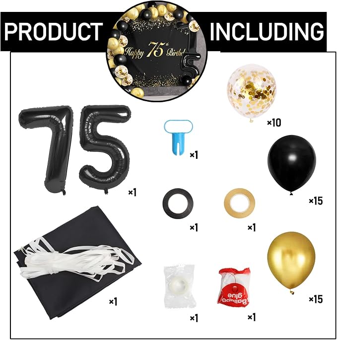Happy 75th Birthday Balloons Black Set Decor - Cheers to 75 Years Old Party Theme Garland Banner Backdrop Decorations For Women and Men Supplies