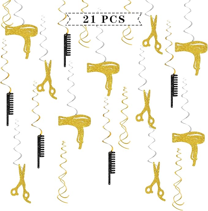 Barber Hanging Swirl Decorations - Glitter 21 Pcs Haircut Salon Party Supplies - Barber Bday Birthday Party - Engagement - Haircut Salon Streamers - Hair Salon Foil Swirls Ceiling Decorations