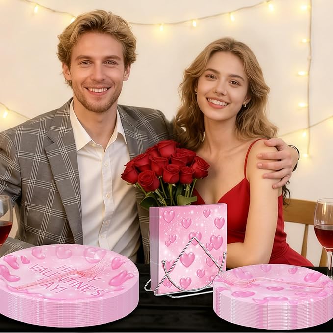 96 Pieces Valentine’s Day Tableware Set – Pink Heart Disposable Plates and Napkins for Romantic Dinners, Weddings, Anniversaries, and Valentine Parties – Serves 24 Guests