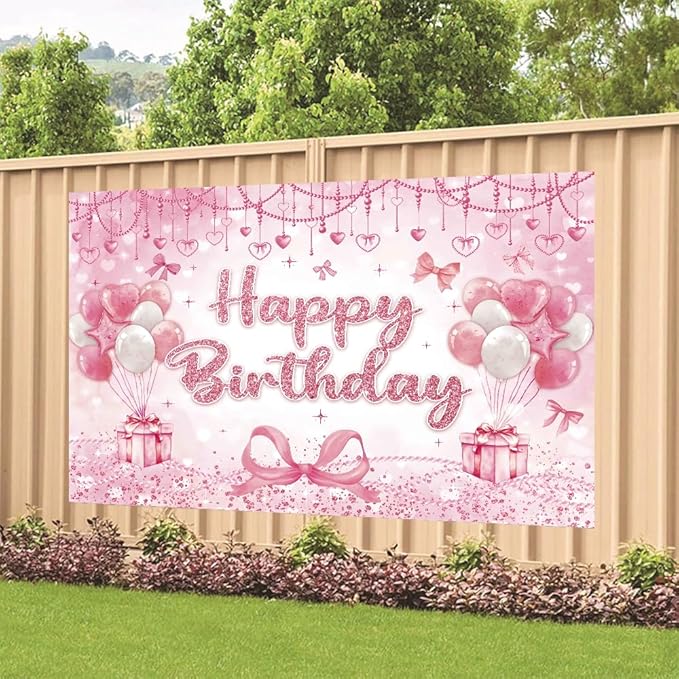 Pink Heart Bow Happy Birthday Backdrop Decorations Bow Banner Pink Bowknot Photo Background for Girls Birthday Party Decorations Supplies 70.8 x 47.2 Inch