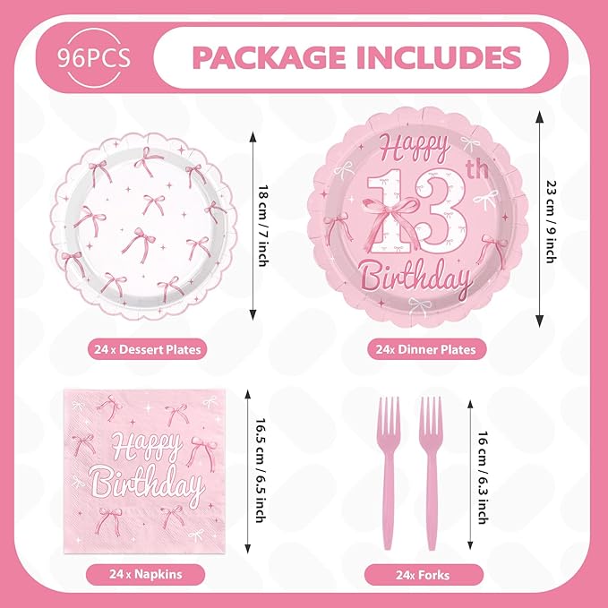 96Pcs Pink Bow Party Supplies Coquette 13th Birthday Party Plates and Napkins Disposable Bow Themed Tableware Set for Girl Happy 13th Birthday Baby Shower Decorations, Serves 24