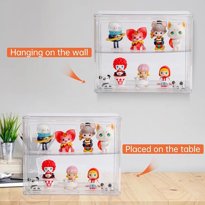 2 Tiers Clear Display Case for Figures, Acrylic Storage Organizers Box with Magnetic Door, Wall-Mounted Dustproof Showcase for Collectibles Action Figure