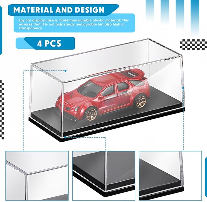 4 Pcs 1/64 Display Case Acrylic Model Cars Display Case 4.17 x 1.81 x 1.81 Inches Clear Plastic Vehicles Toy Cars Storage Collectors