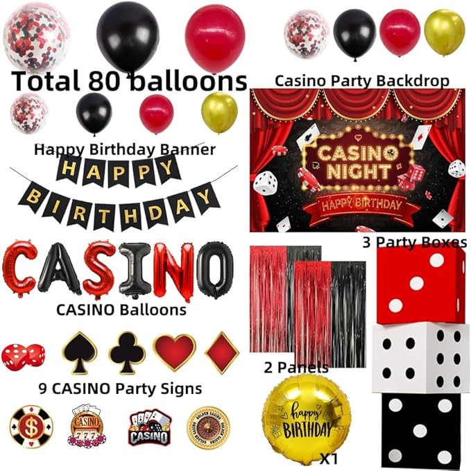 Casino Theme Party Decoration Las Vegas Birthday Party Dino Casino Night Poker Party Supplies Set for Adults Include Balloon Garland Kit, Casino Backdrop, Cake Toppers, Gold Curtain and Foil Balloons