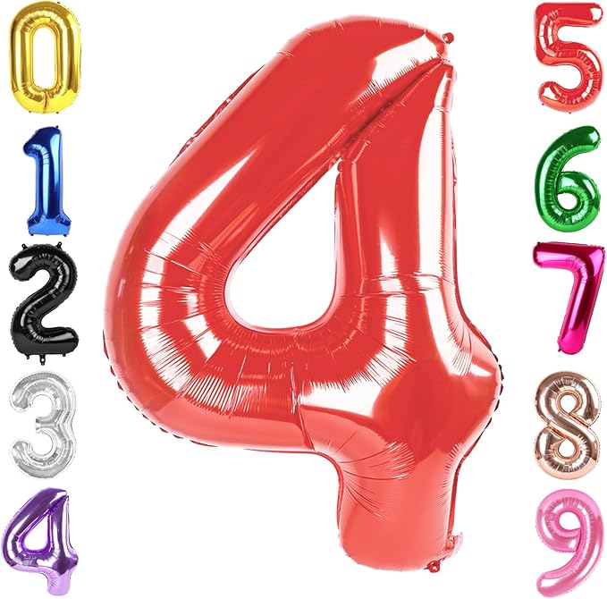 40 Inch Red Number 4 Balloon, Giant 4 Number Balloons for 4th Birthday Decorations, Party Supplies for Baby Boy Girl, Red Party Decor