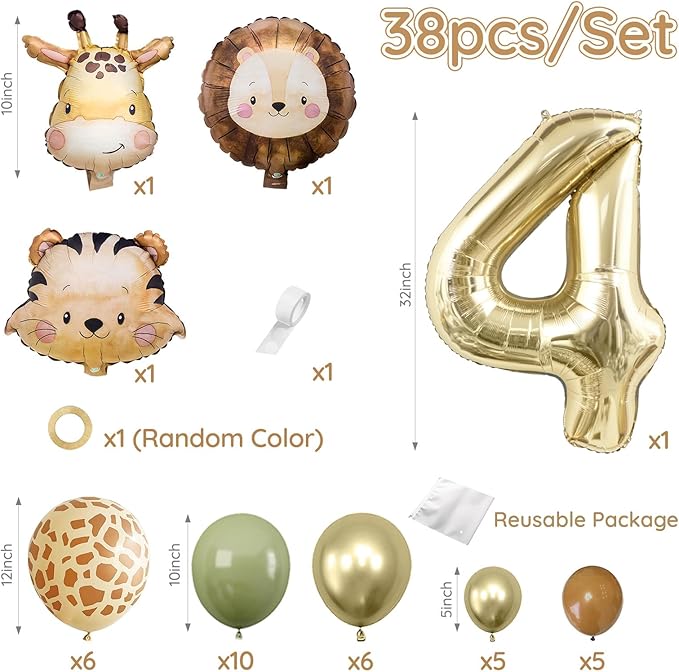 Jungle Safari Birthday Balloons, Animal Balloons Décor Happy Birthday Party Decoration for Wedding Birthday Party (Number 4)