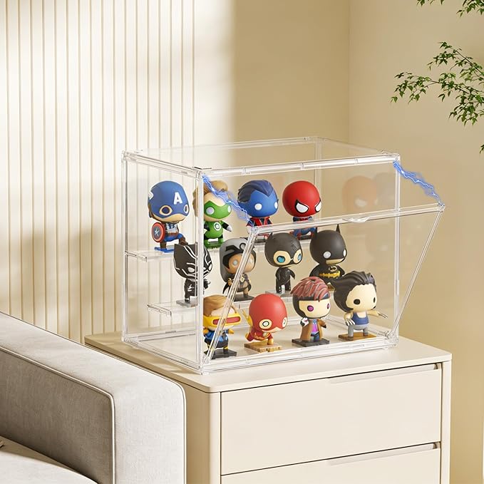 Acrylic Display Case, Clear Display Case Adjustable Display Box Stand with 2 Movable Dividers, Small Showcase Magnetic Door for Collections