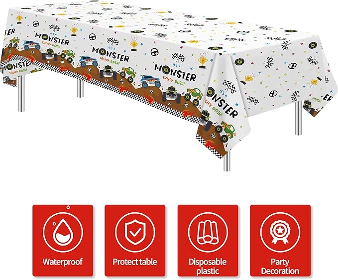 Monster Truck Birthday Decorations Tablecloth - Disposable Monster Truck Birthday Party Supplies Table Cover for Kids - 3 Pack (54in x 108in)