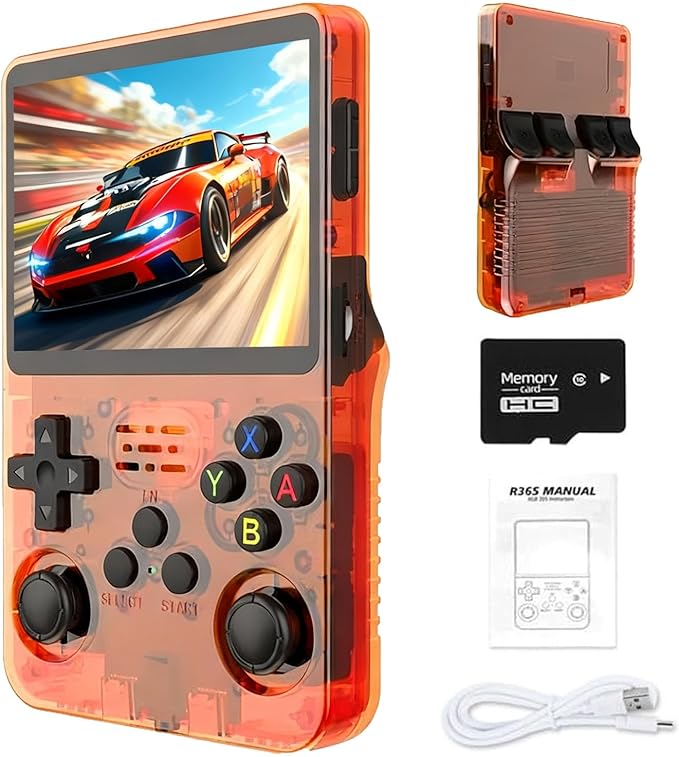 Retro Handheld Game Console R36S, 3.5-Inch HD IPS Screen 3200mAh Battery, 128G Built-in 20000+ Games 20+ Emulators, HDMI TV Output for Classic Game Play (Transparent Orange +128G)