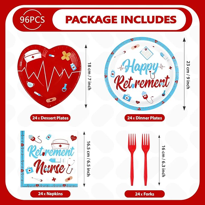 96Pcs Nurse Retirement Party Decorations Red and Blue Happy Retirement Plates and Napkins RN Theme Tableware Set for Retired Medical Staff Doctor Party Supplies Serves 24