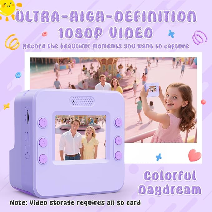 Kids Camera Instant Print Toys for Teenage Girls :Flip-Up Cameras Gift for Girls Ages 3-16 (for Christmas Or Birthday),1080P HD Digital Video Instant Print Cameras with 3 Rolls Paper & 32Gb-Purple