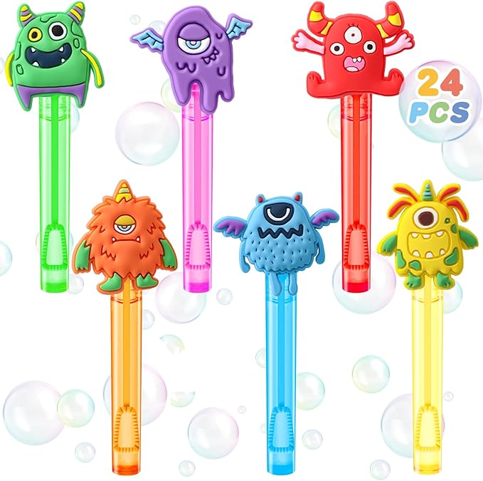 Winrayk Monster Party Favors, 24Pcs Self-designed Mini Bubble Wands for Kids Bubbles Bulk with Detachable Topper (6 Styles & Colors), Birthday Gift Toy Pinata Filler Goodie Bag Stuffer Classroom Prize