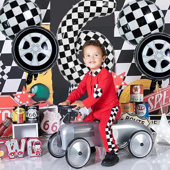 TONIFUL 40 Inch Checkered Number 6 Balloon 6th Race Car Birthday Party Supplies Black and White Large Number Balloon for Girls Boys 6th Birthday Fast Race Car Flag Party Decorations