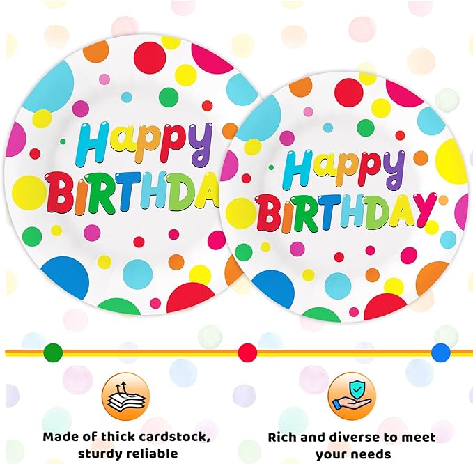 100 Pcs Birthday Colorful Dots Plates Napkins Forks, Disposable Happy Birthday Dots Tableware Set Party Supplies